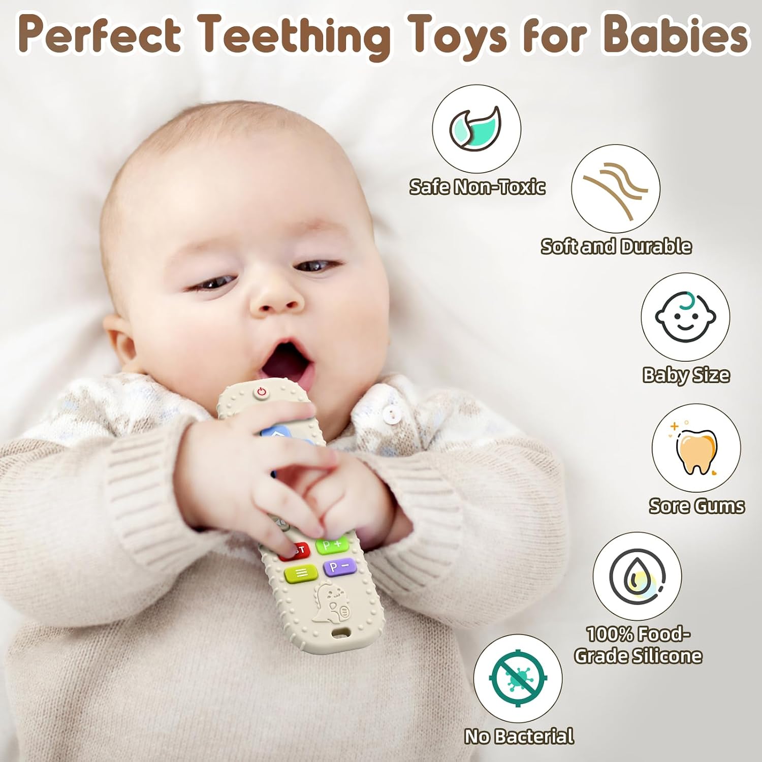 Teething Relief Teethers Toys for Babies 3-6-12 Months Gifts, Food Grade Silicone Sensory Remote Control Baby Teether Bath Toys for 9 18 Months Infant Boy Girl Autism, Beige