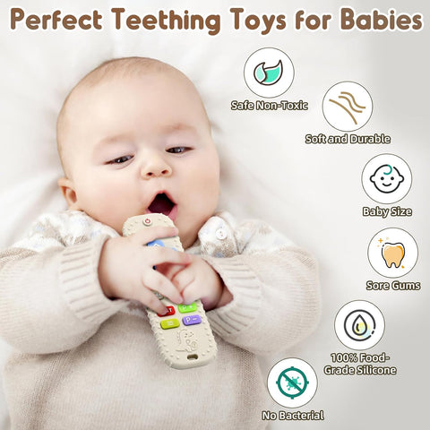 Teething Relief Teethers Toys for Babies 3-6-12 Months Gifts, Food Grade Silicone Sensory Remote Control Baby Teether Bath Toys for 9 18 Months Infant Boy Girl Autism, Beige