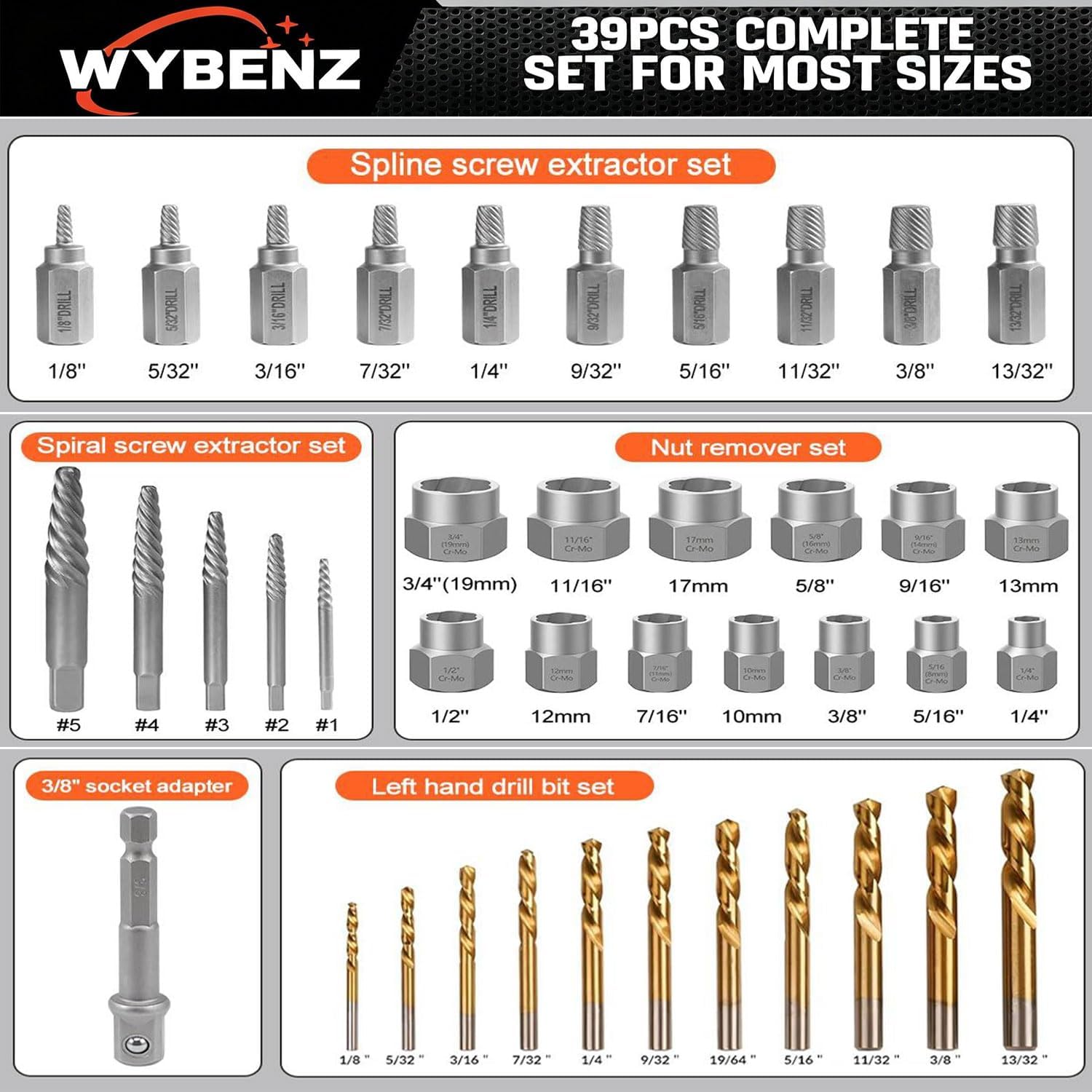 39PCS Screw Extractor Bolt Extractor Set with Left Hand Drill Bit Set