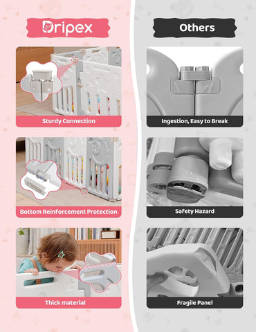 Baby Playpen, 10-Panel Foldable Play Pen for Babies 6-12 Months, Grey White