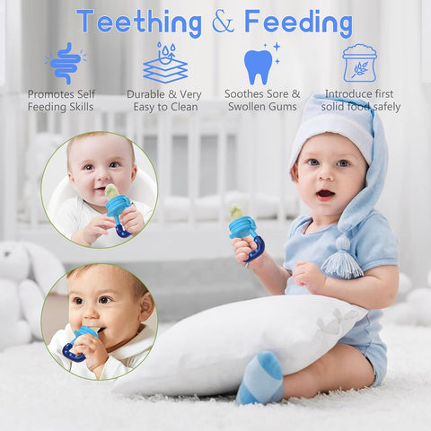Baby Fruit Feeder Pacifier - 6 Pack | 2 Infant Food Pacifier & 2 Baby Food Dispensing Spoon | Fresh Fruit Teethers for Babies | Silicone Feeder Babies,Infant Teething Feeders (Blue)