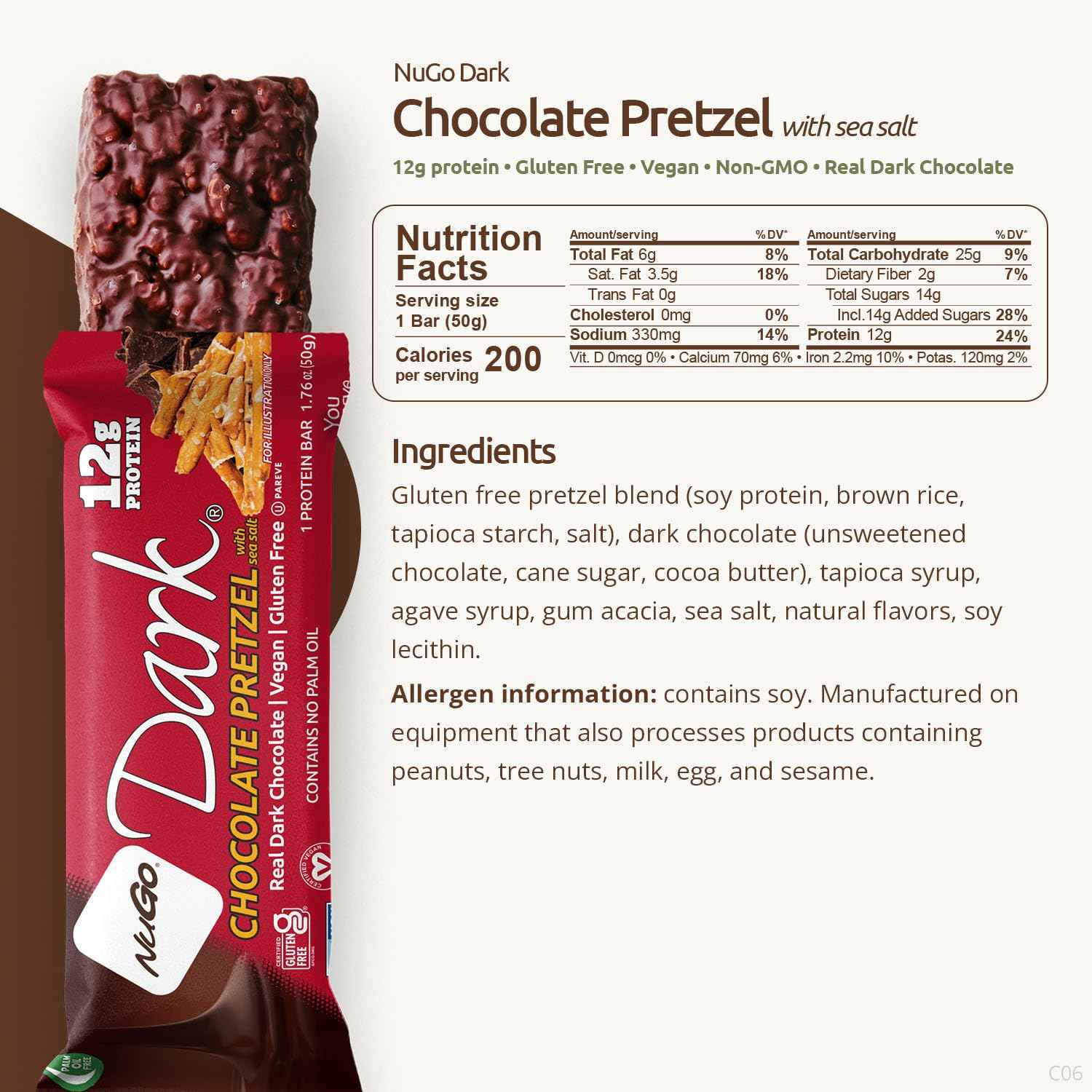 NuGo Dark, Pretzel w/SS, 12g Vegan Protein Bar, Gluten Free, 24 Count
