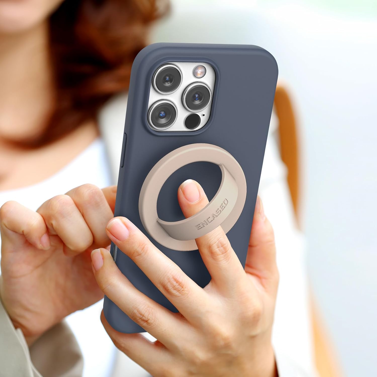 Encased Magnetic Phone Grip Holder (Compatible with MagSafe) Thin Silicone Finger Loop Ring for iPhone (Neutral)