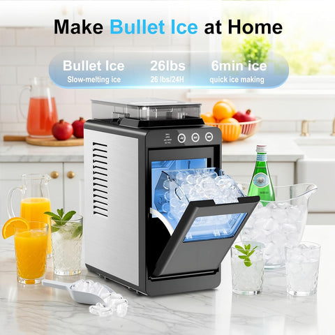 Kismile Countertop Ice Maker with 1.2L Top Water Tank, 8 Bullet Cubes in 6 Mins, 26.5lbs in 24Hrs, 2 Ice Sizes, Self-Cleaning Portable Ice Maker with Basket and Scoop, for Home/Camping/RV, Black