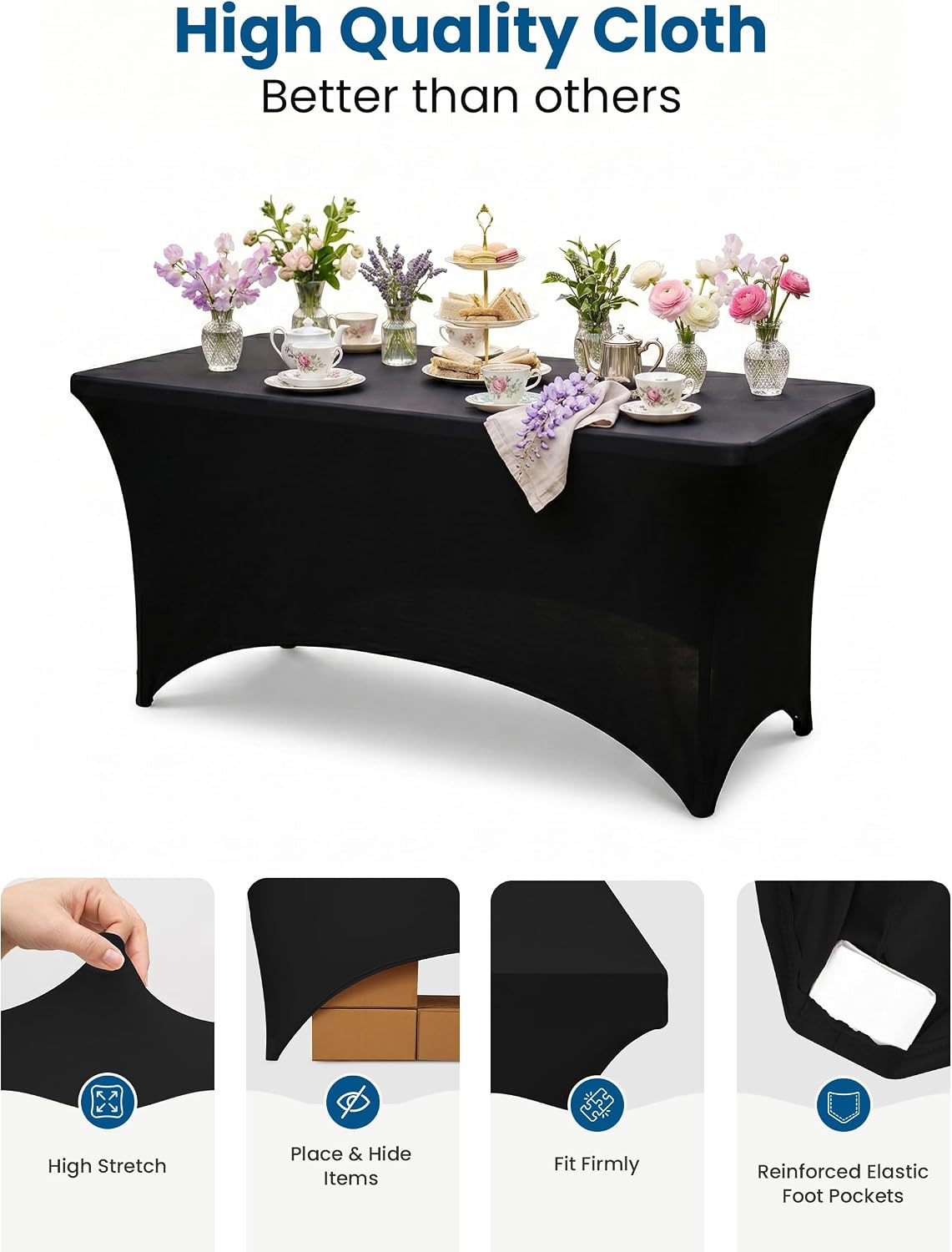 Utopia Kitchen Spandex Table Cloth 4 Pack [6FT, 72Lx30Wx30H Inch, Black]