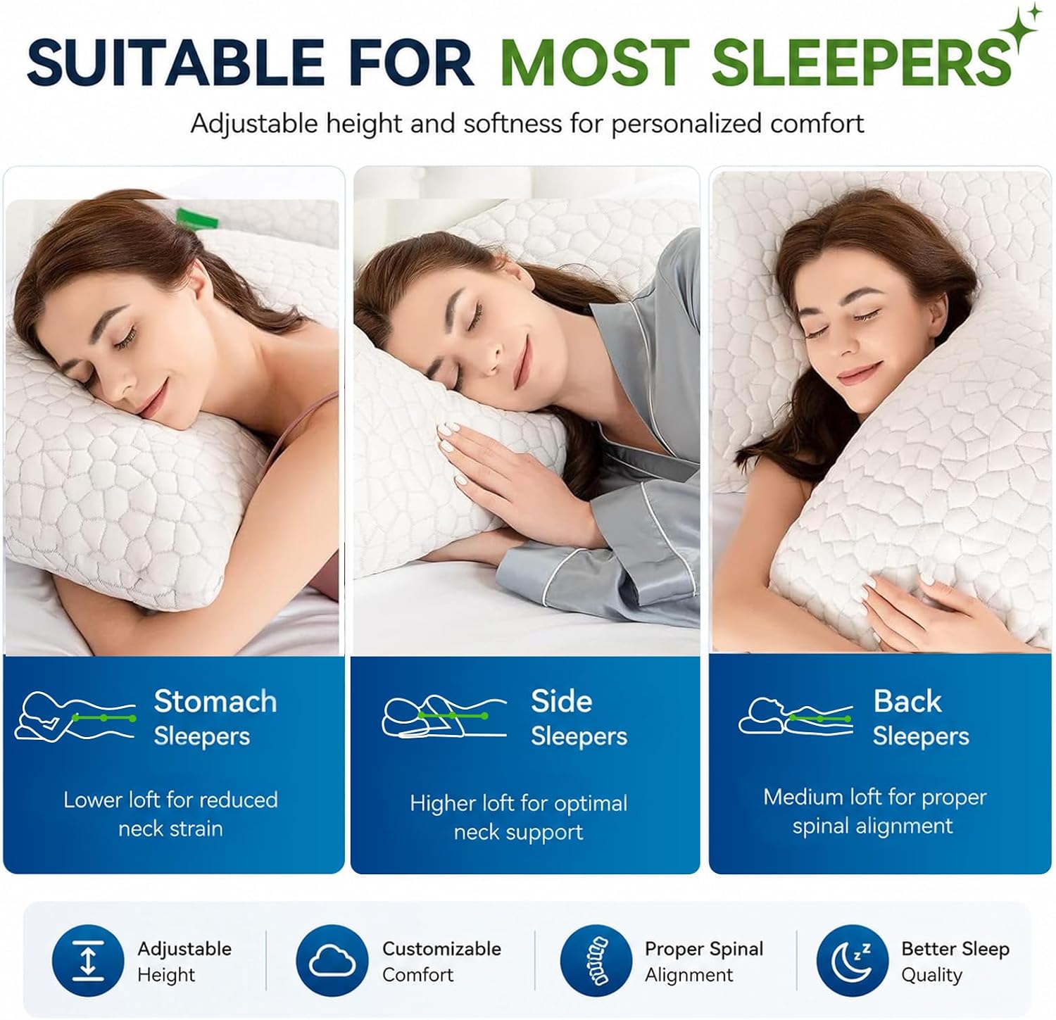 SUPA MODERN Cooling Pillow Queen Size Set of 2, CertiPUR-US Shredded Memory Foam Pillows for Sleeping, Cool Bed Pillows for Hot Sleepers, Adjustable Firm Pillow for Side,Back,Stomach Sleepers