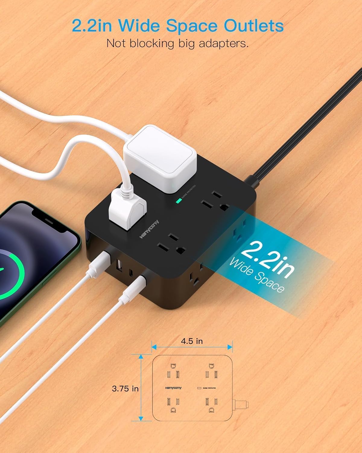 Power Strip Surge Protector, 5Ft Flat Extension Cord with Multiple Outlets