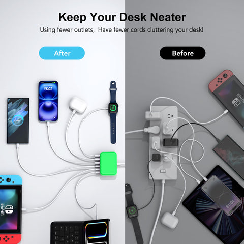 USB C Fast Charger, 100W GaN 6 Port Type USB C Charging Station Hub Block Cube, USB C Wall Charger Power Strip Adapter Plug for iPad iPhone 16 15 14 13 12 Pro Max Pixel Note Galaxy, 5ft Cord