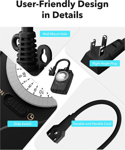 HBN Outdoor Timer Outlet Waterproof, 24 Hour Mechanical Light Timers for Electrical Outlets Outdoor Weatherproof, 2 Grounded Outlets for Christmas Lights, Holiday Decorations, 15A 1/2HP