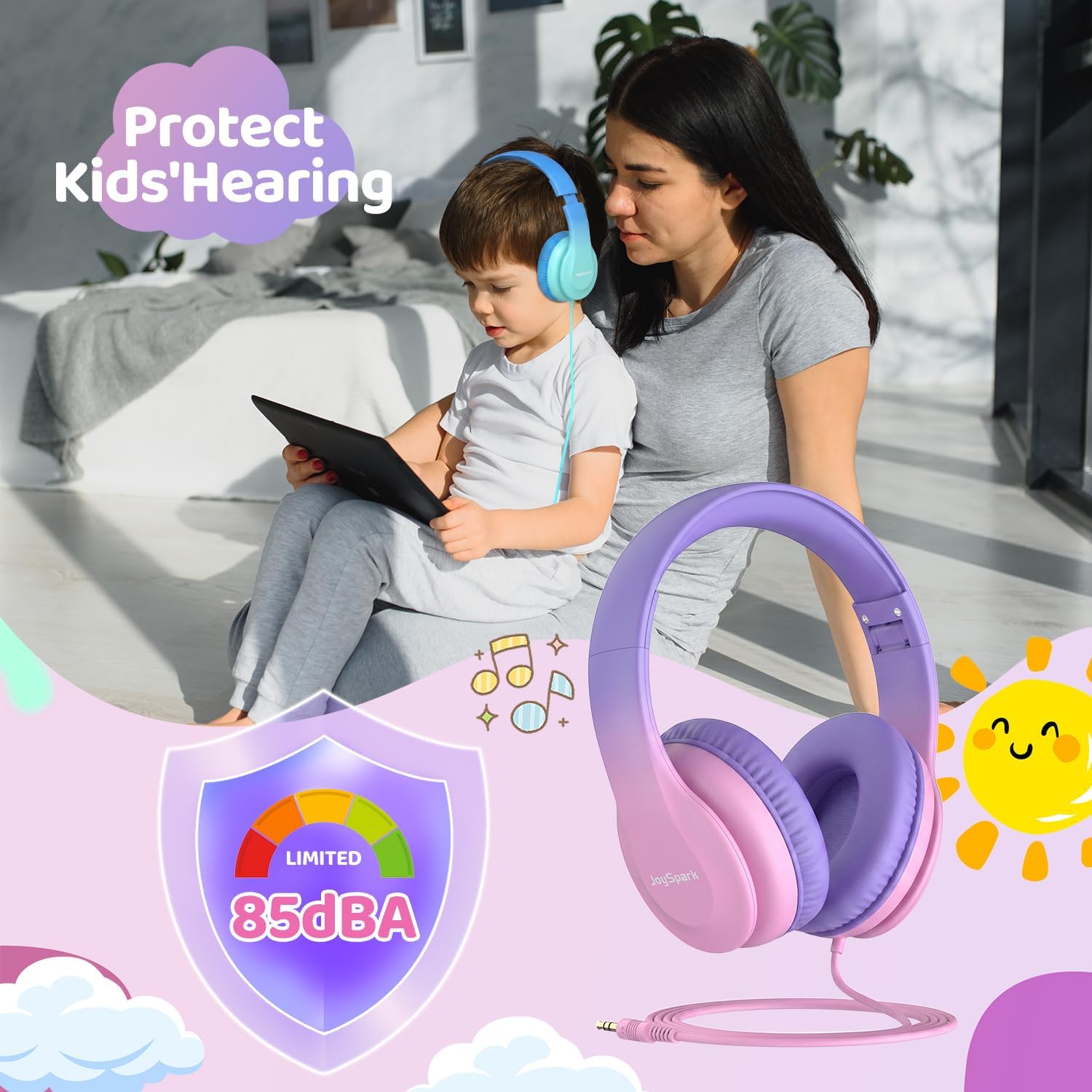 JoySpark Kids Headphones for School Toddler, 3.5mm Jack, Gradient Pink