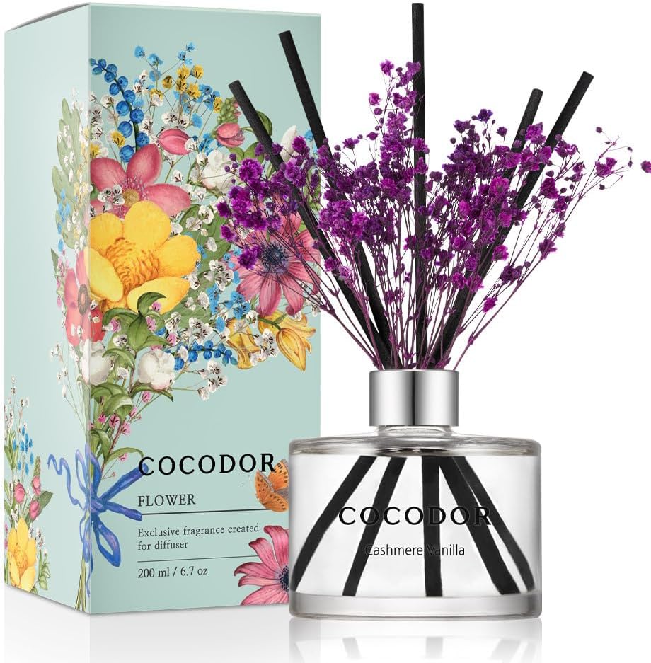 COCODOR Flower Reed Diffuser Set / 6.7oz / Cashmere Vanilla/Scent Diffuser with Sticks Home Fragrance Reed Diffuser for Bathroom Shelf Decor
