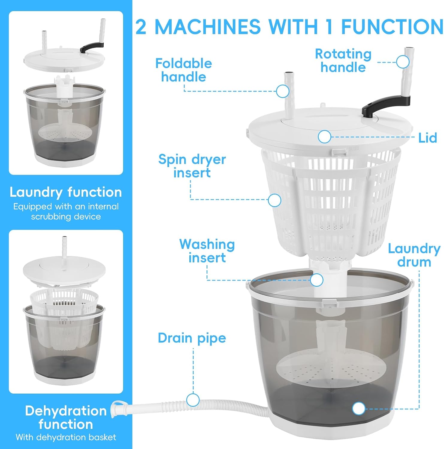 Hand Crank Washing Machine, 2-in-1 Manual Washer and Spin Dryer
