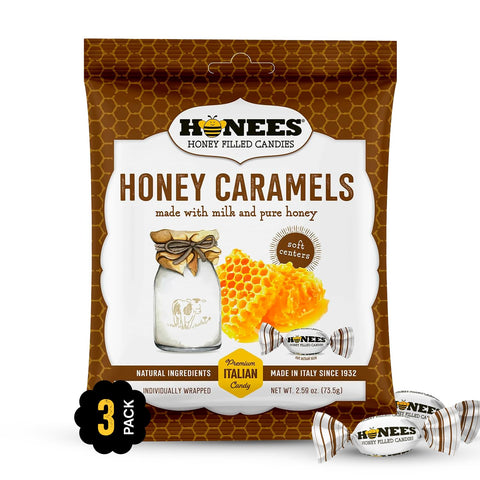 Honees Honey Caramels Hard Candy Individually Wrapped | Natural & Healthy Candy, Italian Made with Milk & Pure Honey, 3 Pack (8.55 oz)