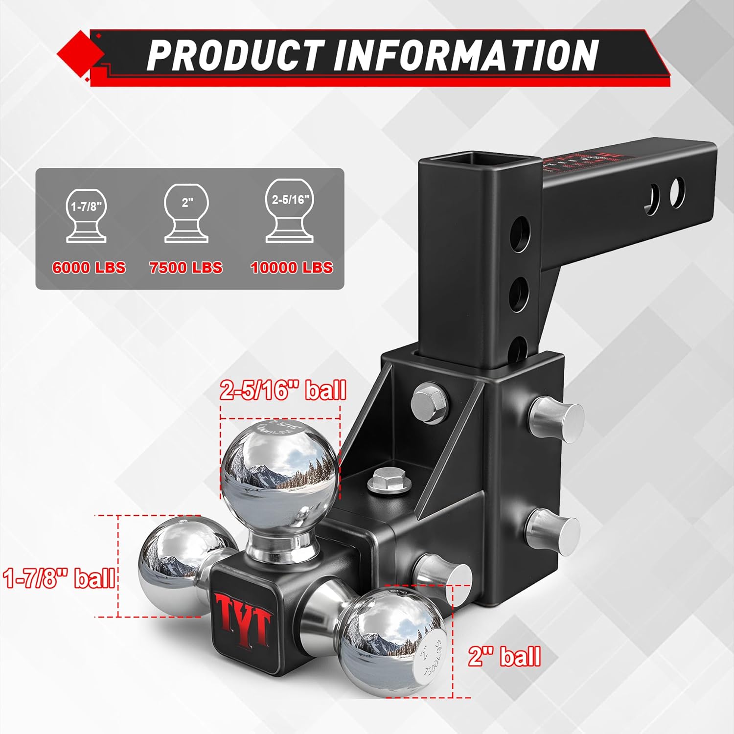 TYT Adjustable Tri-Ball Hitch Ball Mount for 2-Inch Receiver