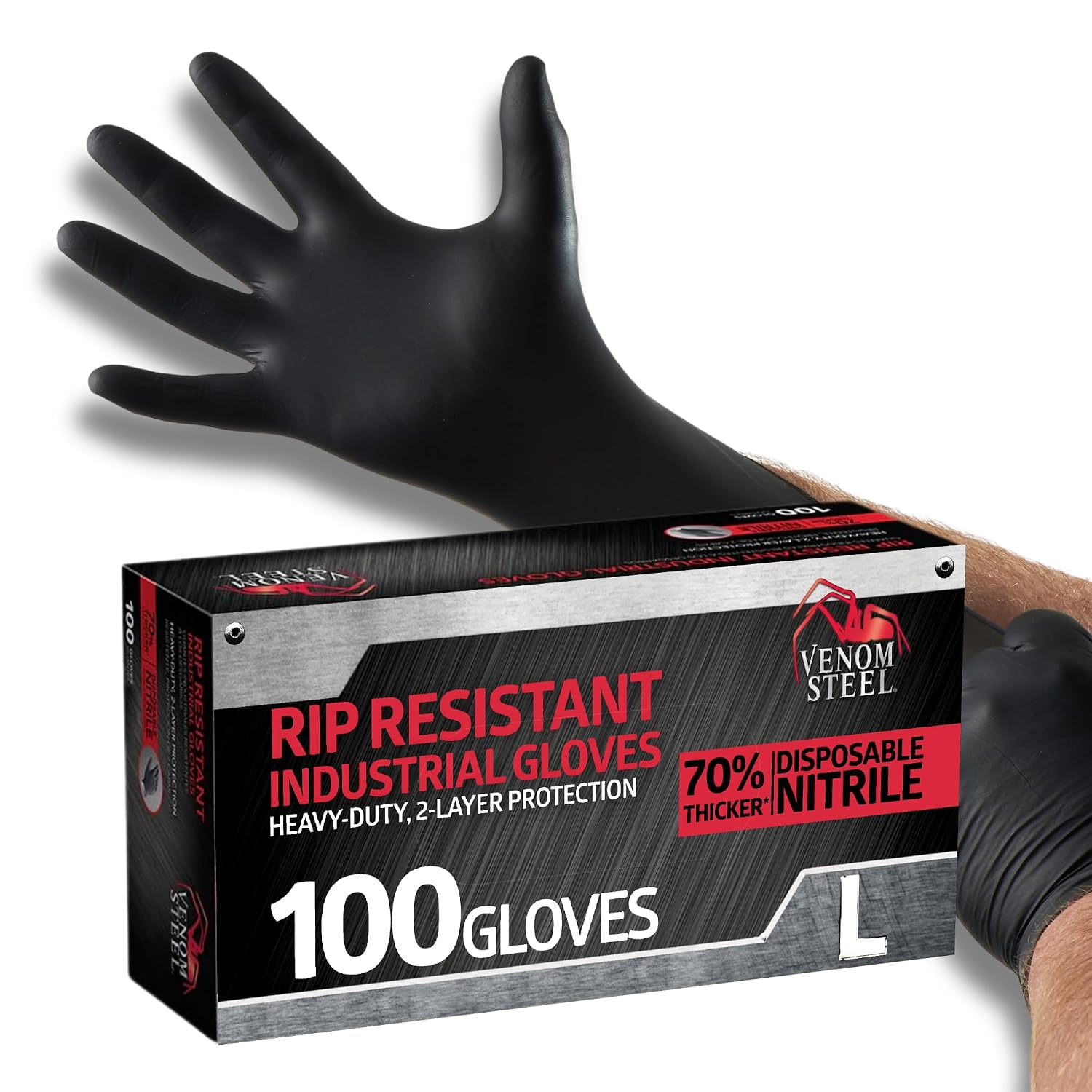 Venom Steel Industrial Nitrile Gloves, Chemical Resistant Disposable Black Gloves, Latex-Free, Powder-Free, Textured Grip, Heavy Duty Two-Layer Protection, 6 mil, Large, 100 Count