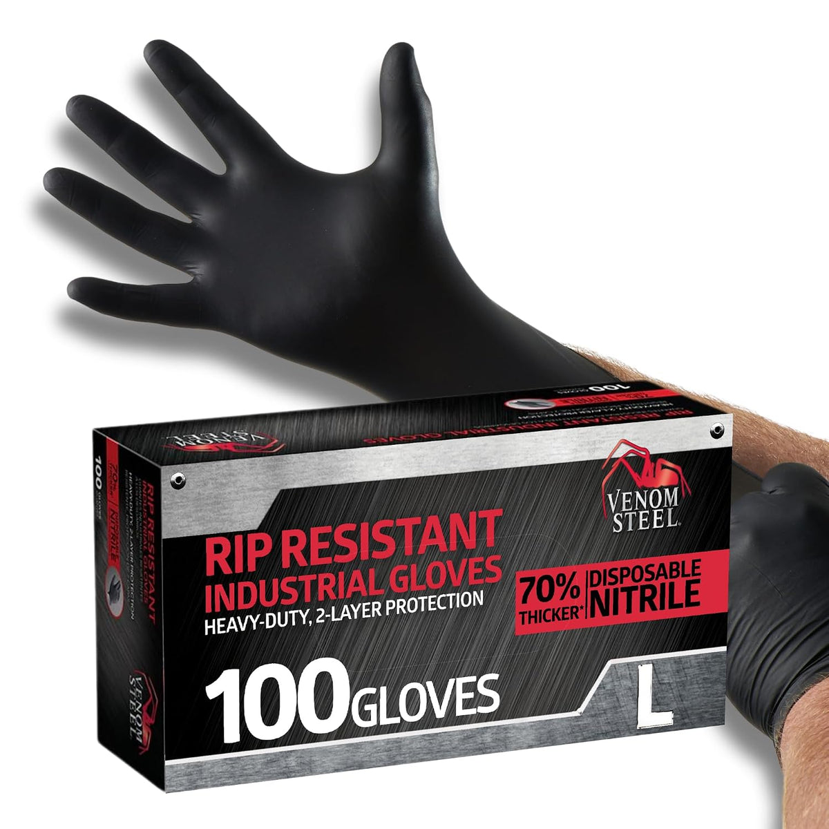Venom Steel Industrial Nitrile Gloves, Chemical Resistant Disposable Black Gloves, Latex-Free, Powder-Free, Textured Grip, Heavy Duty Two-Layer Protection, 6 mil, Large, 100 Count