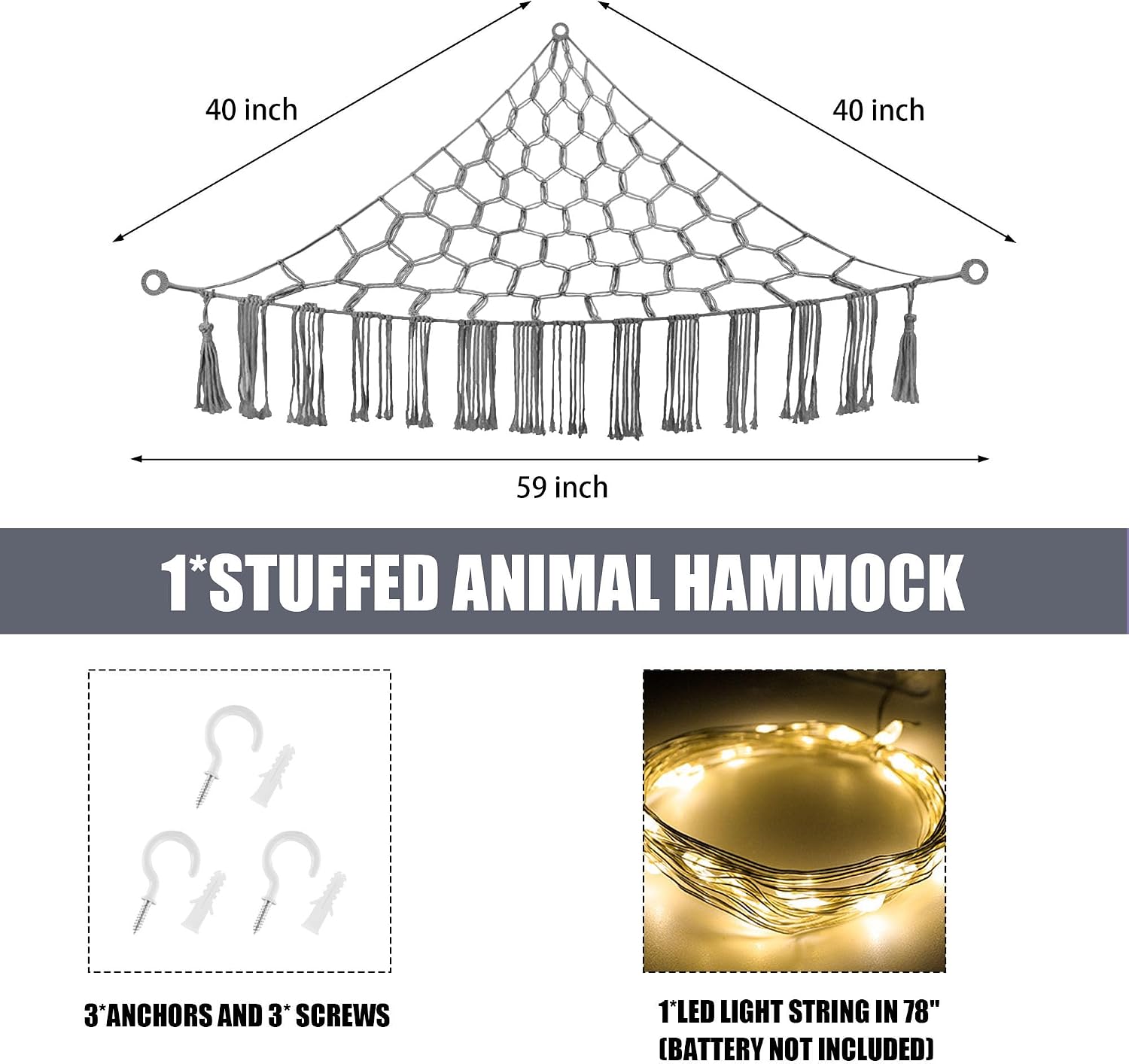 CERETIA Stuffed Animal Hammock Large Corner Plushie Net Storage, Grey