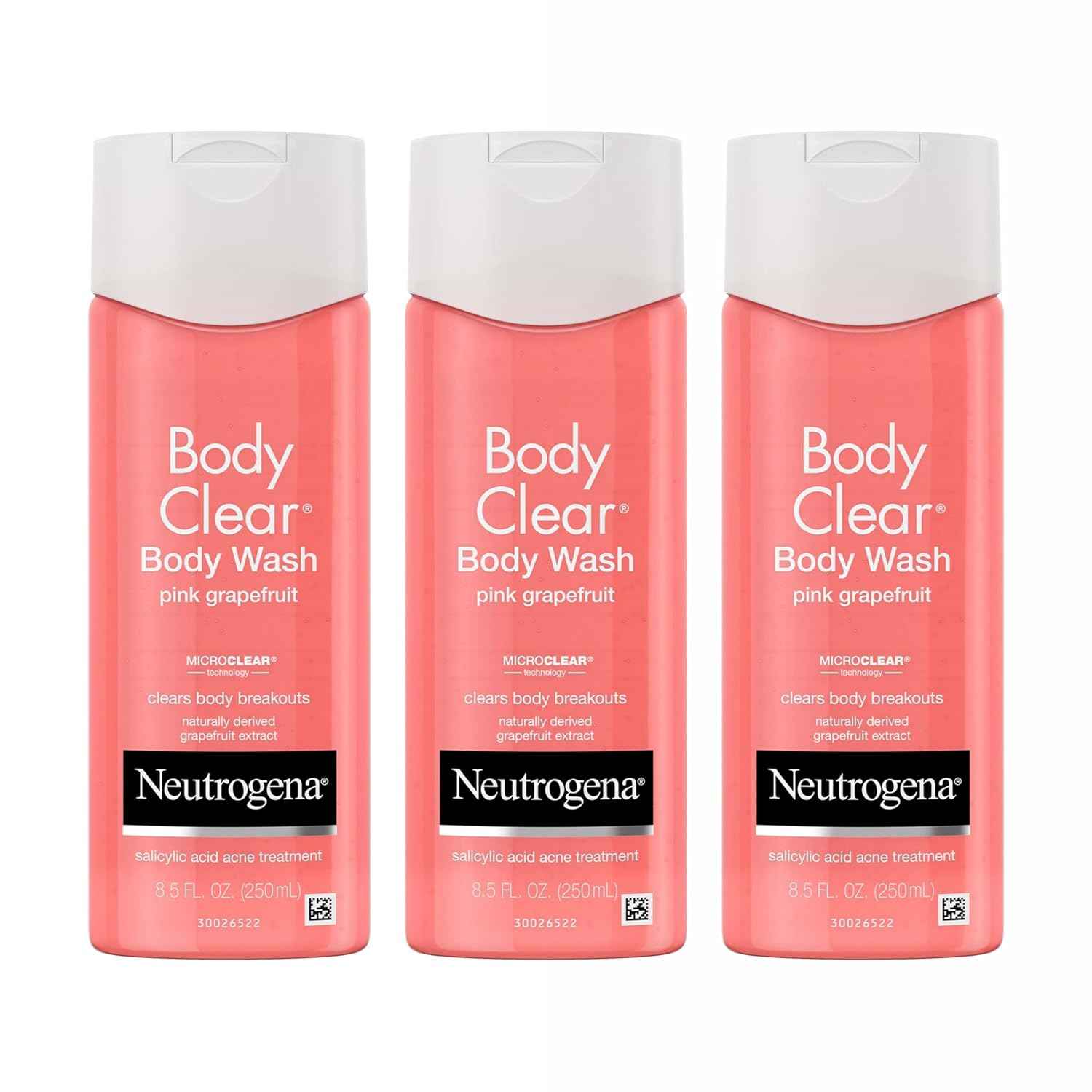Neutrogena Body Clear Pink Grapefruit Acne Body Wash, 3 x 8.5 fl oz | Salicylic Acid Cleanser, Breakout Treatment, Exfoliating Body Cleanser for Clear Skin
