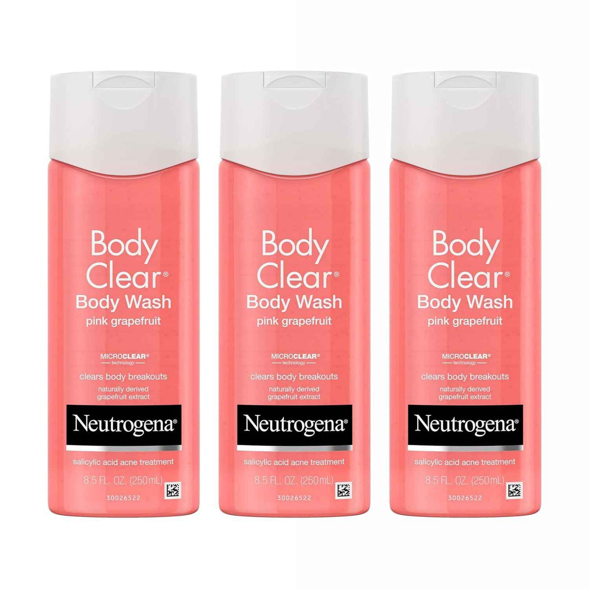 Neutrogena Body Clear Pink Grapefruit Acne Body Wash, 3 x 8.5 fl oz | Salicylic Acid Cleanser, Breakout Treatment, Exfoliating Body Cleanser for Clear Skin