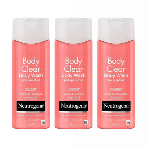 Neutrogena Body Clear Pink Grapefruit Acne Body Wash, 3 x 8.5 fl oz | Salicylic Acid Cleanser, Breakout Treatment, Exfoliating Body Cleanser for Clear Skin