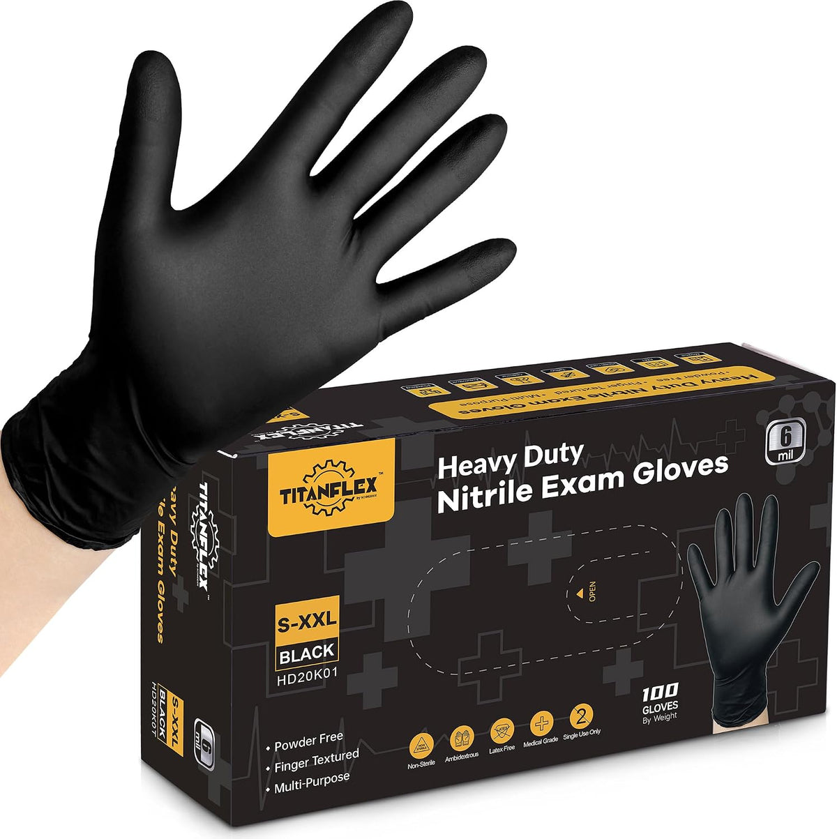 TitanFlex Disposable Nitrile Exam Gloves - 6-mil, Black, Heavy Duty, Latex Free, Food Safe for Cooking