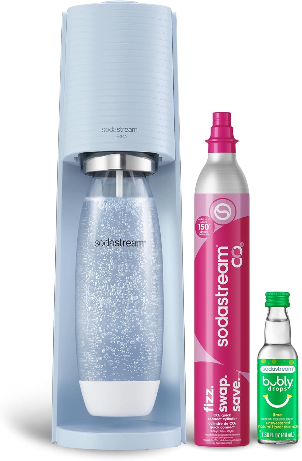 SodaStream Terra Sparkling Water Maker (Misty Blue) with CO2, DWS Bottle and Bubly Drop