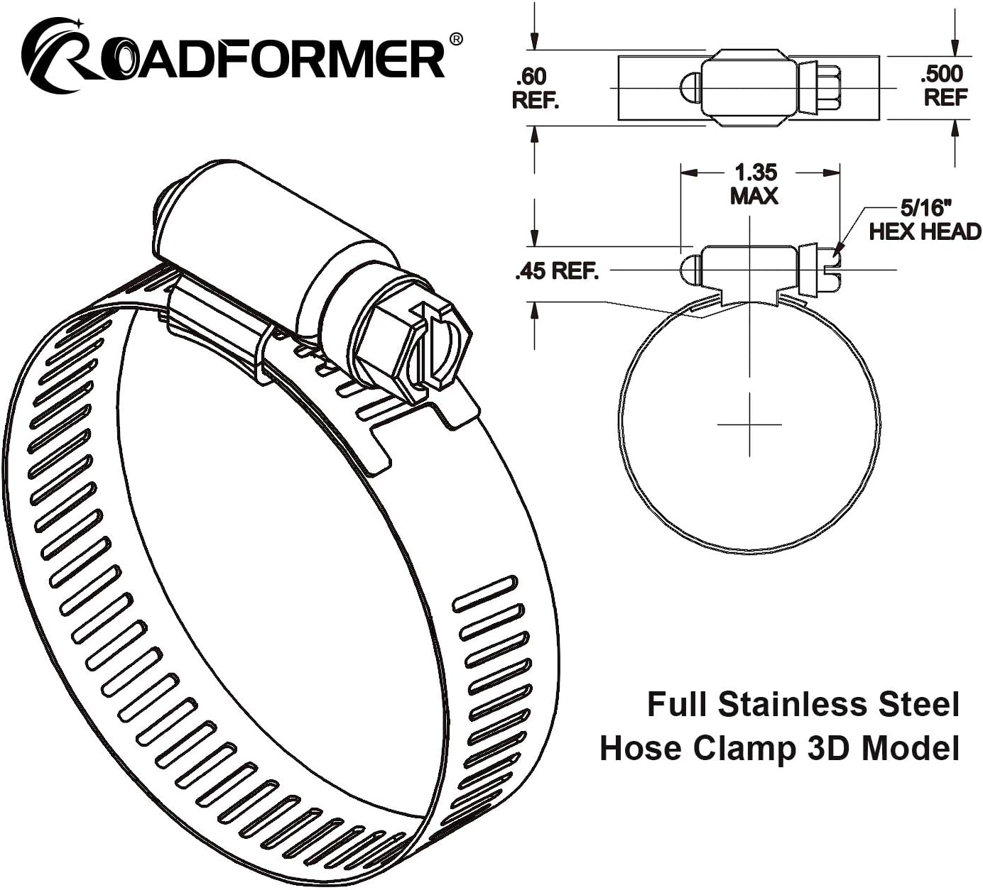ROADFORMER 2 inch Hose Clamp Full Stainless Steel: 40mm - 64mm, 10 Pack