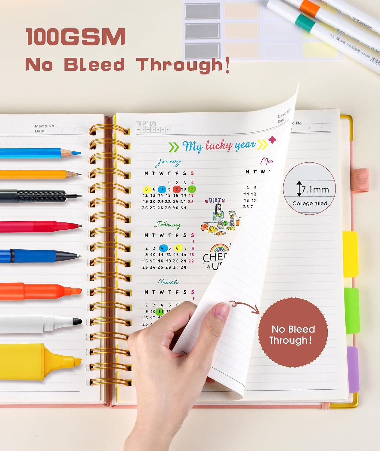 Hardcover Spiral Notebook journal with Removable Dividers Tabs, 300 Pages Leather 5 Subject Notebook College Ruled, 8"x10" Large B5 Notebooks for Work School Note taking, Lined Journal for Women,Pink