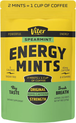 Viter Energy Caffeine Mints 40mg, Sugar Free, Spearmint, 8oz Bulk Bag