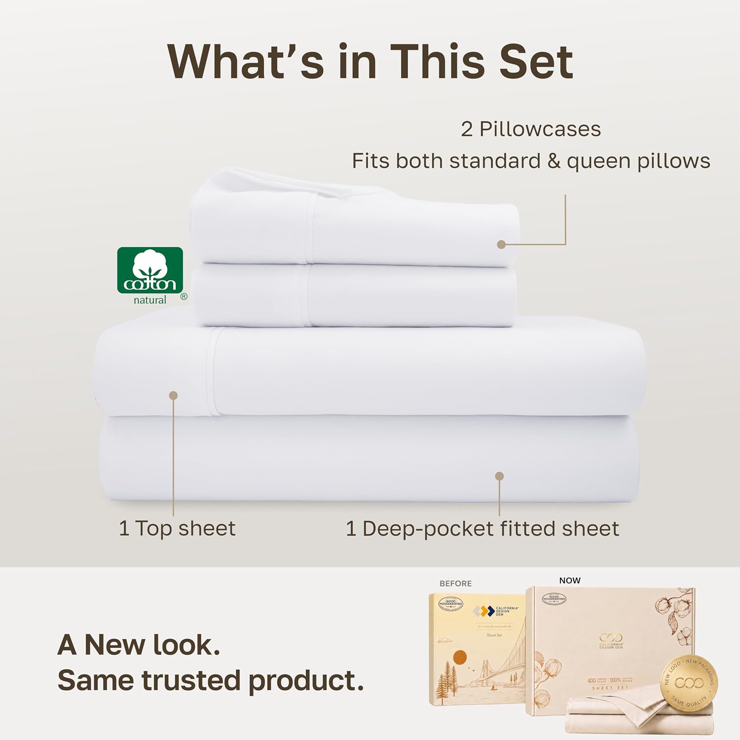 California Design Den Soft 100% Cotton Sateen Queen Bed Sheets Set, White