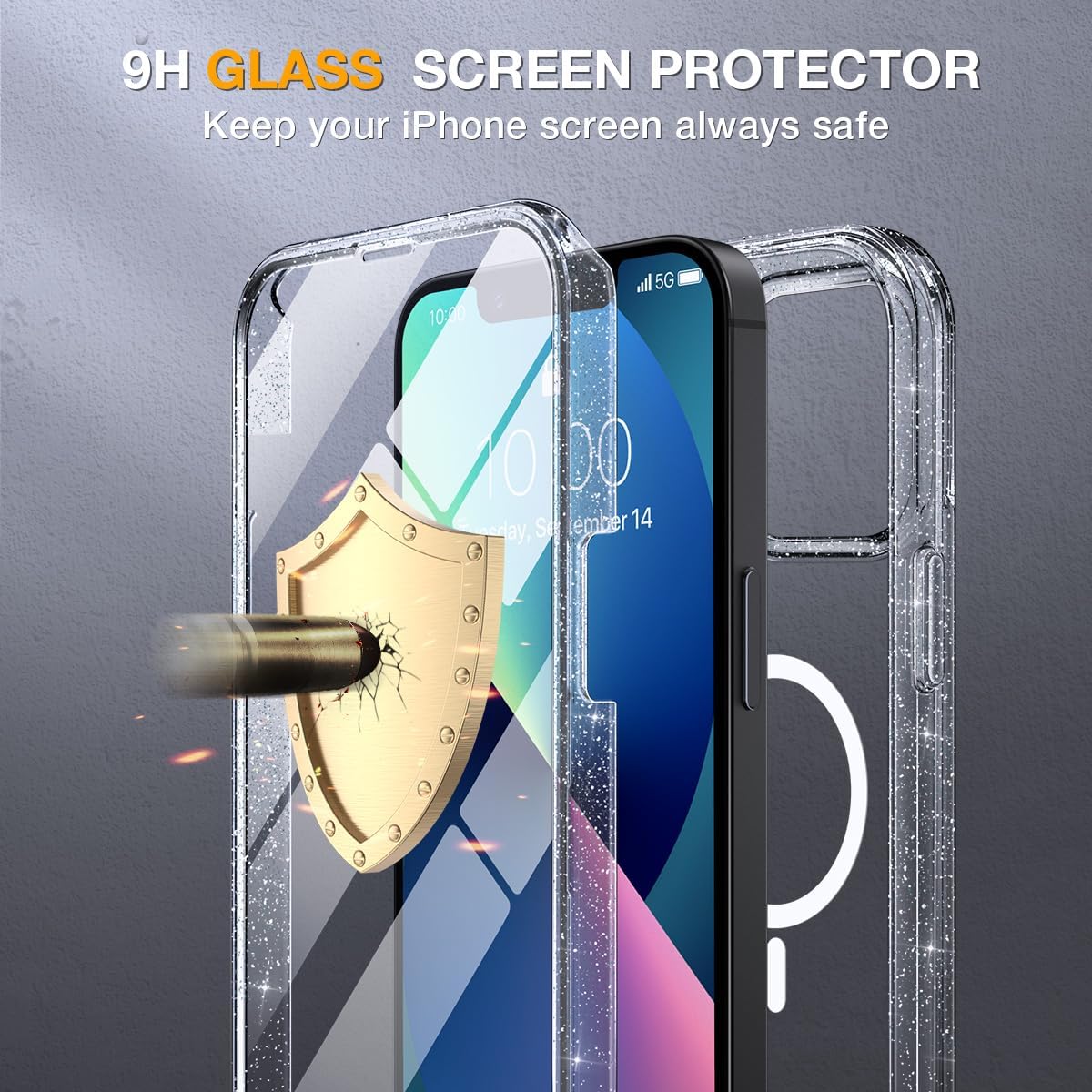 miracase for iPhone 13 Case 6.1",Built-in Screen Protector,Clear Glitter