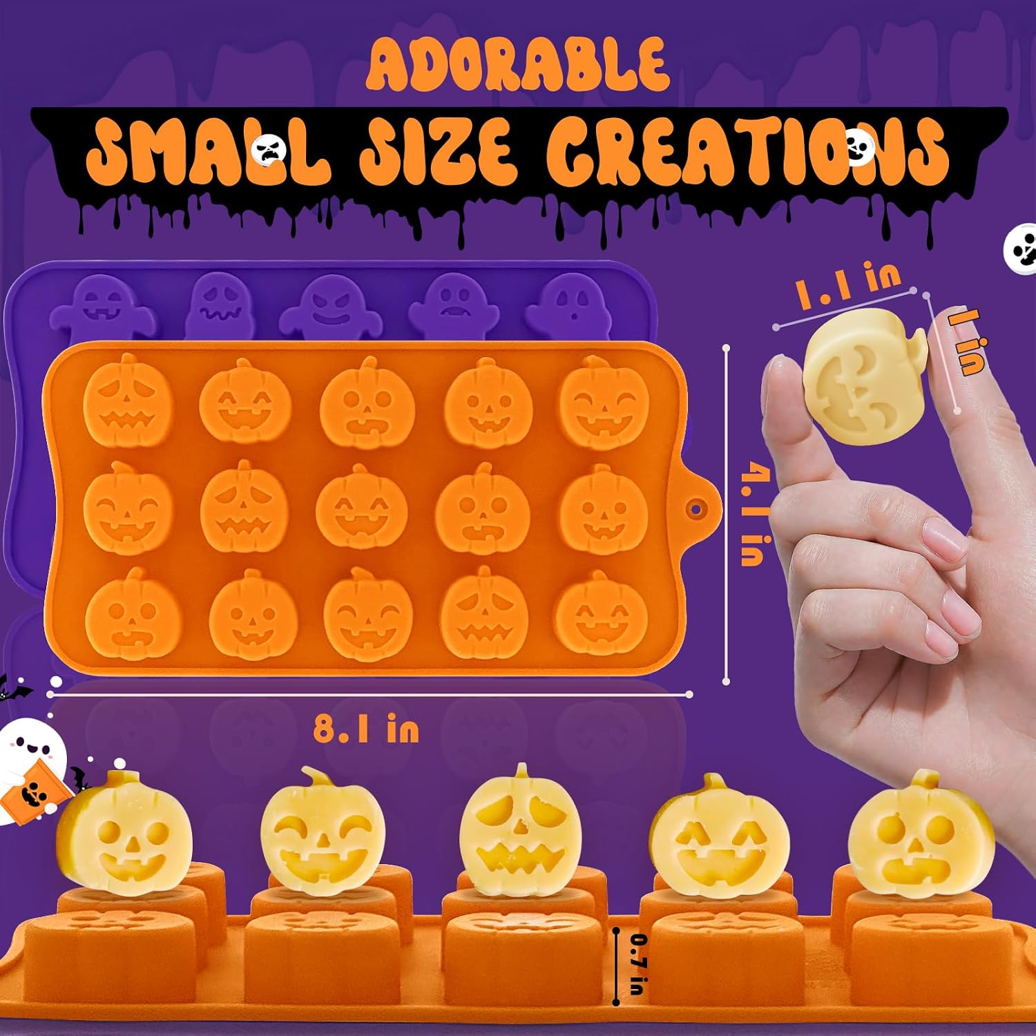 Pumpkin & Ghost Candy Silicone Molds for Halloween Small Chocolate, Wax Melts, Cake Decoration 15 Cavity Food Grade Bpa Free for Kids, Oven Safe DIY Homemade Mould Treat or Trick -2 PCS