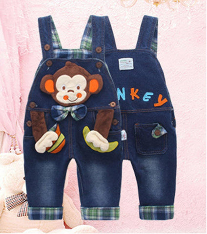 KIDSCOOL Baby Girls Boys Denim Overalls 3D Monkey Plaid Toddler Rompers