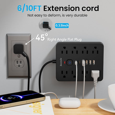 Surge Protector Power Strip, 8 Outlets(1850W/15A/14AWG), 6 USB Charging Ports(2 USB C), 6FT Flat Plug Extension Cord Outlet Extender with Overload Protection, ETL Certified for Office