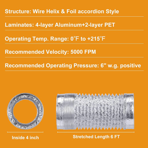 Heavy Duty 4"Flexible Dryer Vent Exhaust Duct Hose 6 Feet