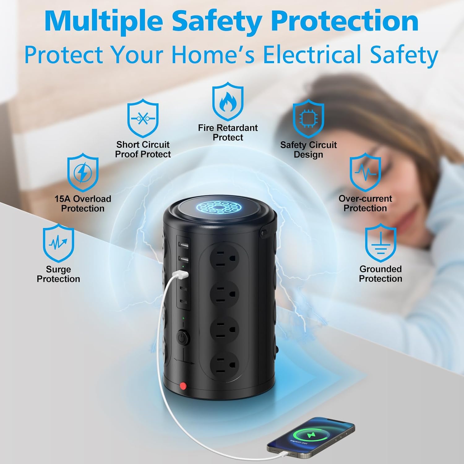 6FT Power Strip Tower Surge Protector with 15W Wireless Charger