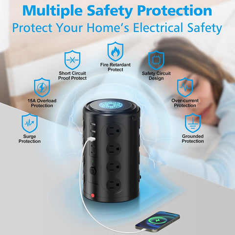 6FT Power Strip Tower Surge Protector with 15W Wireless Charger