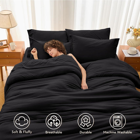 MUXHOMO Oversized Queen Comforter Set 7 Pieces, Soft Bed in a Bag, Black