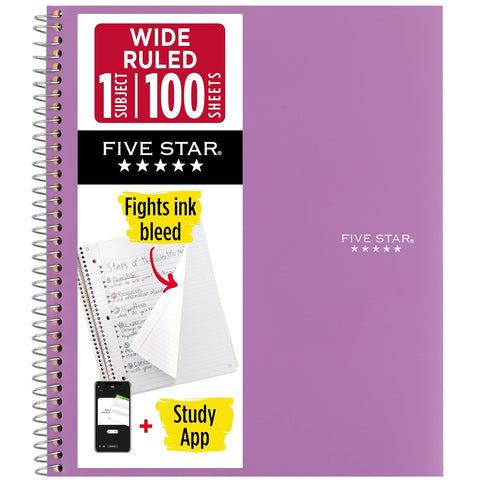 Five Star Spiral Notebook + Study App, 1 Subject, Wide Ruled Paper, 8" x 10-1/2", 100 Sheets, Fights Ink Bleed, Water Resistant Cover, White (72877)
