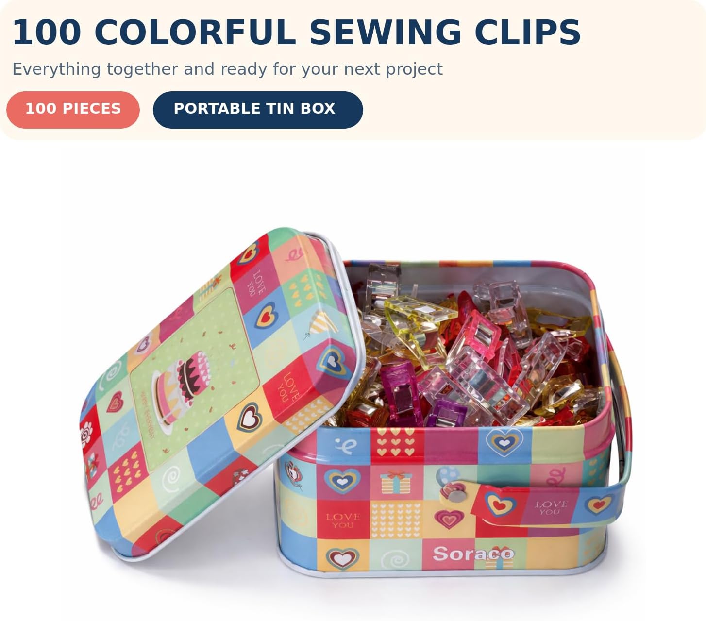 Sewing Clips with Tin Box,100 PCS Fabric Clips for Quilting & Binding