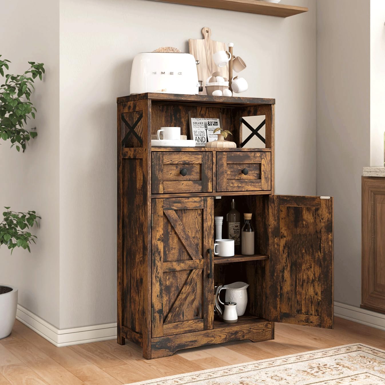 Farmhouse Storage Cabinet with Drawers, Small Kitchen Pantry Cabinet, Brown