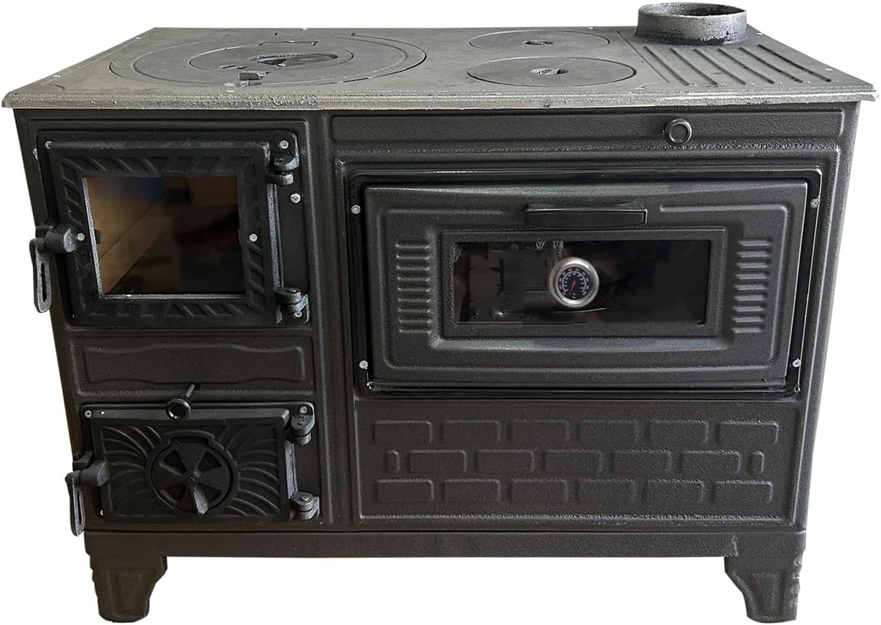 Cast Iron Stove with Oven, Durable Cast Baking Oven, Cooker Oven by Burning Wood, Warming Heater Stove, Oven Section with Thermometer, Brick Lined Fireplace Made in Turkiye (Black-with-Window)
