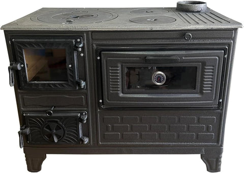 Cast Iron Stove with Oven, Durable Cast Baking Oven, Cooker Oven by Burning Wood, Warming Heater Stove, Oven Section with Thermometer, Brick Lined Fireplace Made in Turkiye (Black-with-Window)
