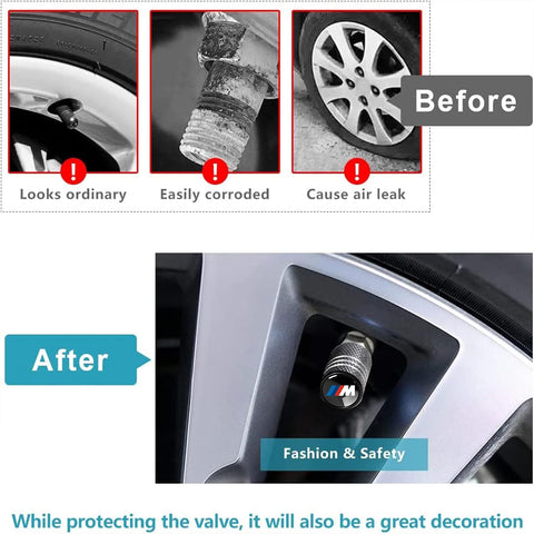 Tire Valve Stem Caps for BMW M 3 5 7 X1 X3 M3 M5 X1 X5 X6 Series Metal Car Wheel Air caps Auto Valve Stem Caps Accessories 4 Pcs Black