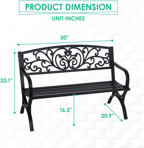 FDW | 50" Outdoor Garden Bench | Black | 485lbs Load Capacity