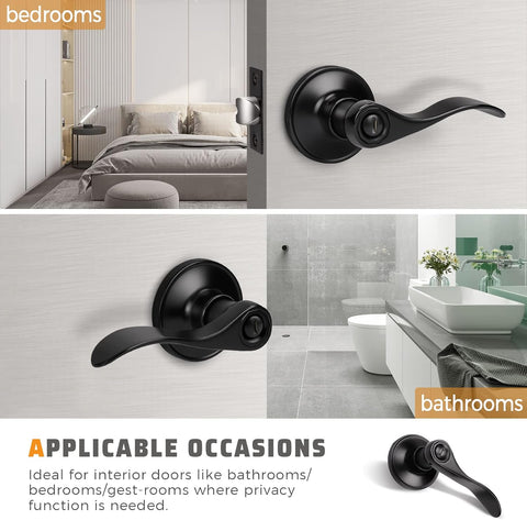 KNOBWELL 2 Pack Matte Black Door Lever Privacy Door Knobs, Black Interior Door Handles for Bathroom/Bedroom, Wave Style Reversible for Right/Left