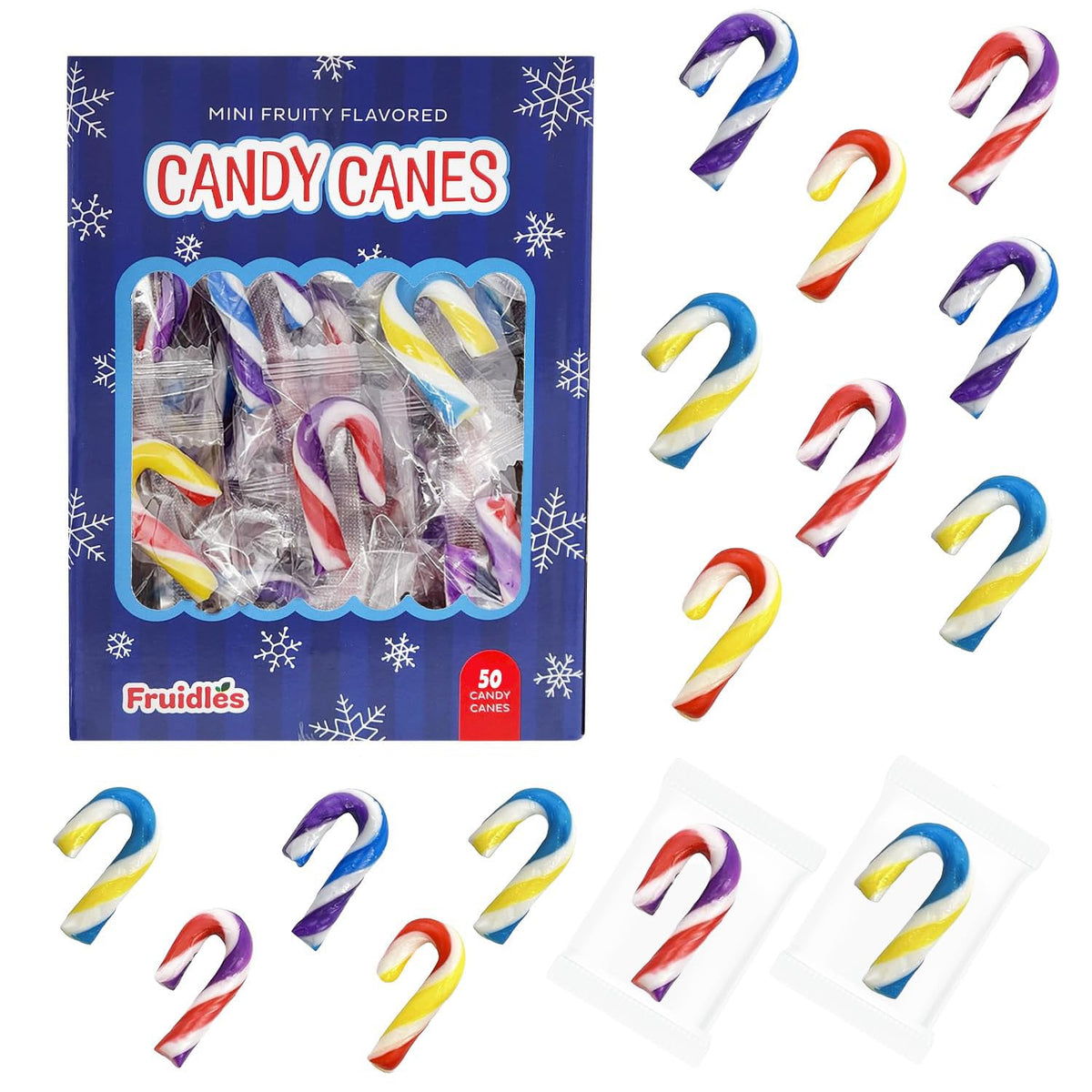 Fruidles 50-Pack Christmas Candy Canes Mini's Suckers, Multicolored Fruity Flavor, Individually Wrapped, 2" Inch, Net WT 4.42oz (125g)