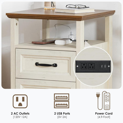 HOMMPA 18'' W Farmhouse Nightstand with Charging Station, Bedside Tables with Open Shelf, 2 Drawers End Table Dresser Side Table, Wood Night Stand for Bedroom, Rustic White