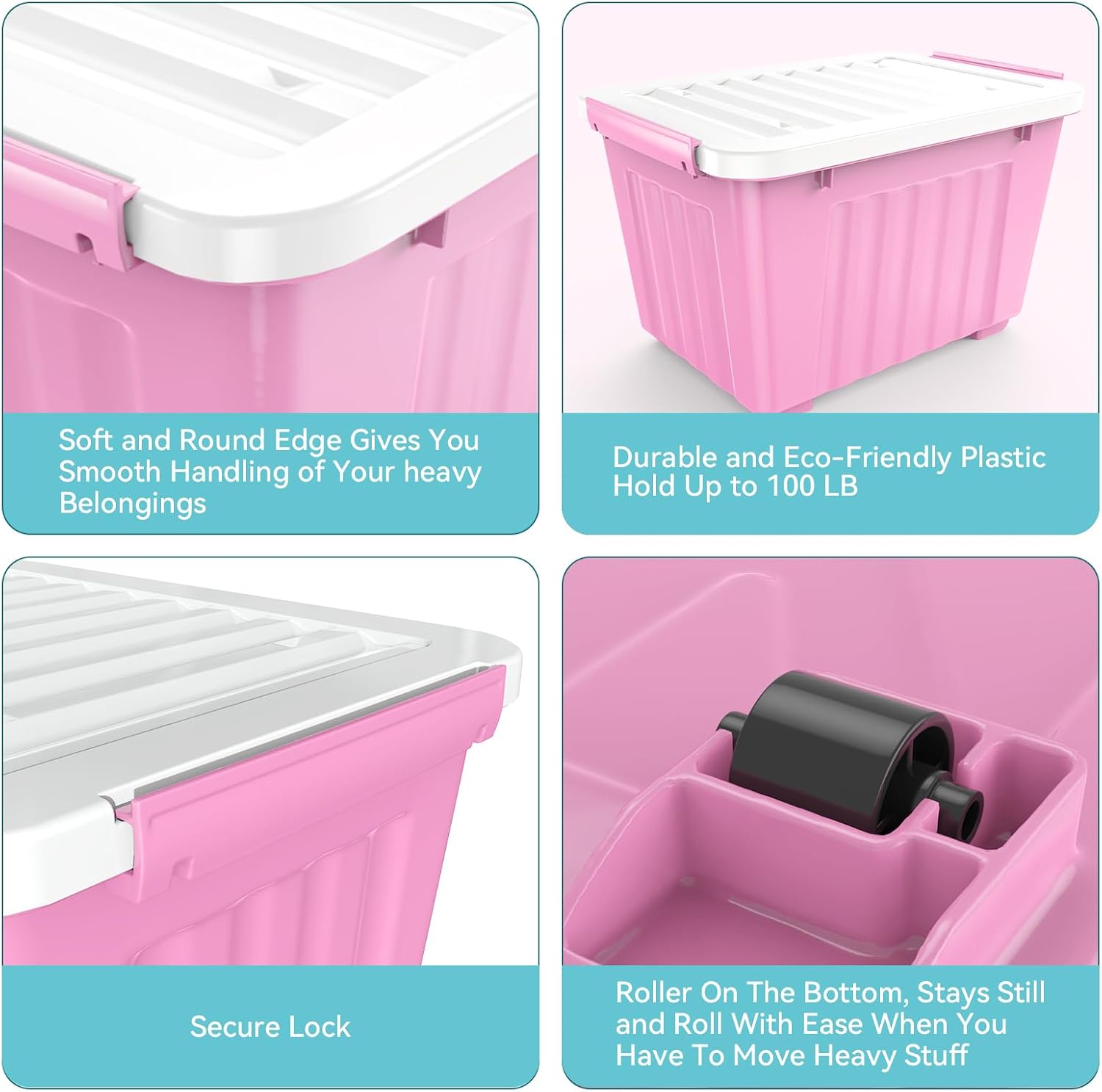 Nazhura Plastic Storage Bin, Stackable and Nestable Storage Boxes with White Lids and Secure Latching Buckles, Large Storage Container (Pink/White, 72Quart-4Pack)