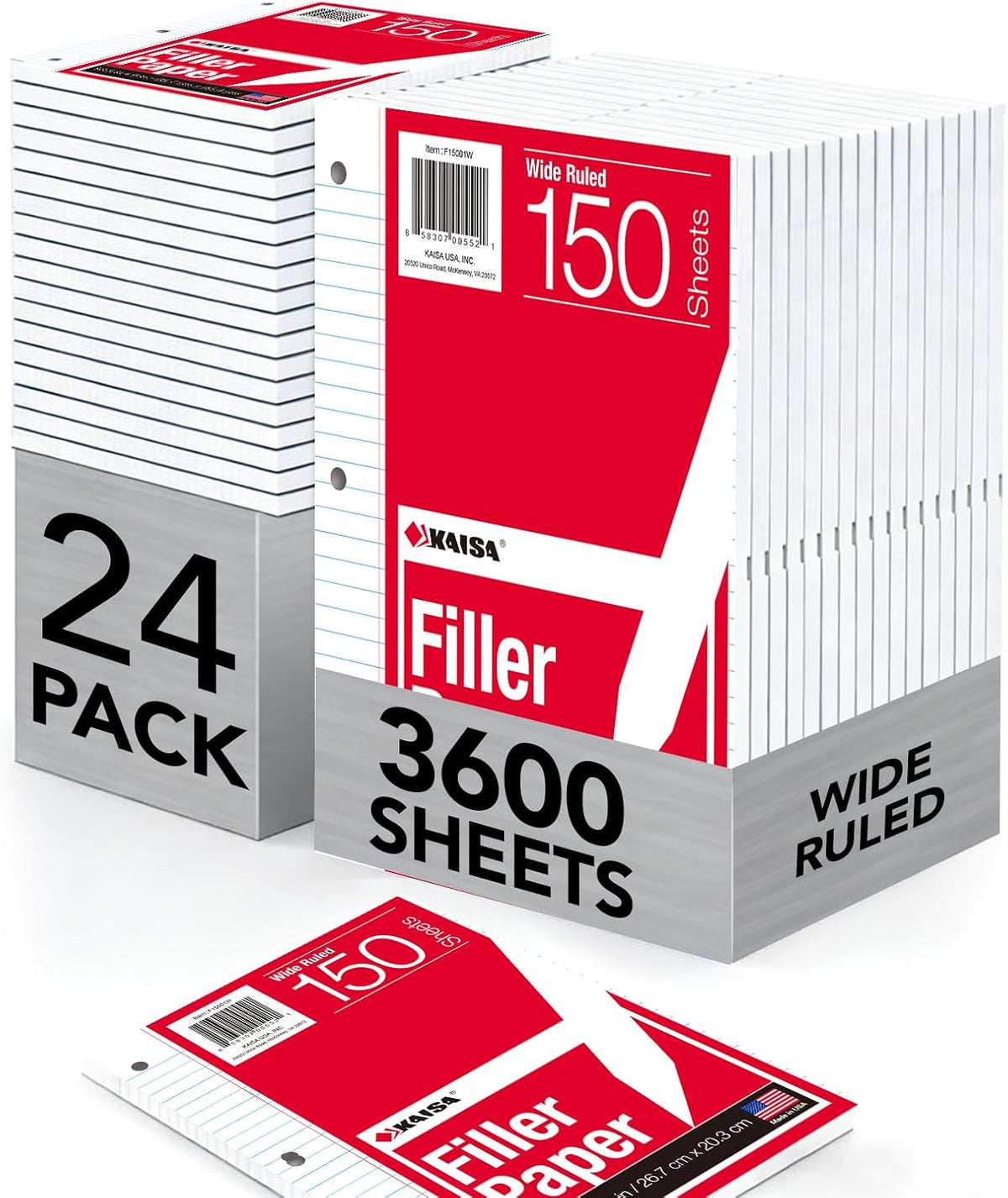 Kaisa Notebook Paper USA-Made Loose Leaf Paper, 24 Pack 3600 Sheets 8"x10.5" Wide Ruled - 3-Hole Punched Bulk Filler Paper for 3-Ring Binder, 150 Sheets/Pack, Wholesale Available(24Pack-Wide)